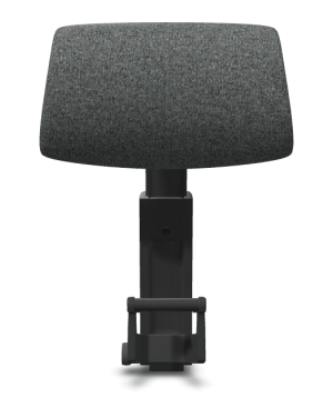 De Atlas Hoofdsteun Embody heeft een grijze, rechthoekige mesh-rugleuning met eenvoudig zwart, verstelbaar bevestigingsmateriaal op een grafiet frame, wat doet denken aan het strakke design van Herman Miller.