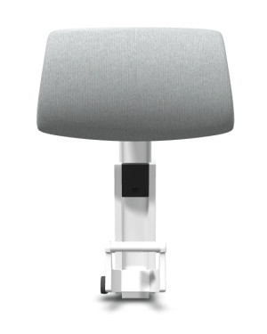 De Atlas Hoofdsteun Embody – Dark Mineral Sync – White Frame heeft een modern, minimalistisch design met een brede, rechthoekige grijze tint en een strakke witte basis, compleet met een klein zwart bedieningspaneel aan de voorkant.