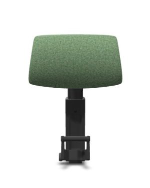 De Atlas Hoofdsteun Embody in Everglade Sync Sync, met een Graphite Frame, is een gestoffeerde groene stoelhoofdsteun met een zwarte verstelbare beugel. De strakke rechthoekige vorm met zacht afgeronde randen steekt af tegen een effen witte achtergrond en weerspiegelt de elegantie van Herman Millers ontwerp.