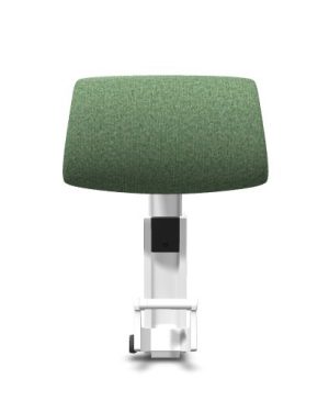 De Atlas Hoofdsteun Embody in Everglade Sync, met een wit frame en zwarte details, weerspiegelt de klassieke stijl van Herman Miller. Het heeft een brede, ronde rugleuning op een strakke, moderne basis tegen een ongerepte witte achtergrond.