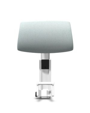 Deze moderne, minimalistische tafellamp weerspiegelt een Herman Miller-ontwerp met een rechthoekige lichtgrijze stoffen kap en een strakke witte basis. Het bevat een kleine zwarte knop aan de voorkant voor eenvoudig gebruik. Product: Atlas Hoofdsteun Embody – Glacier Sync Sync – Wit Frame.
