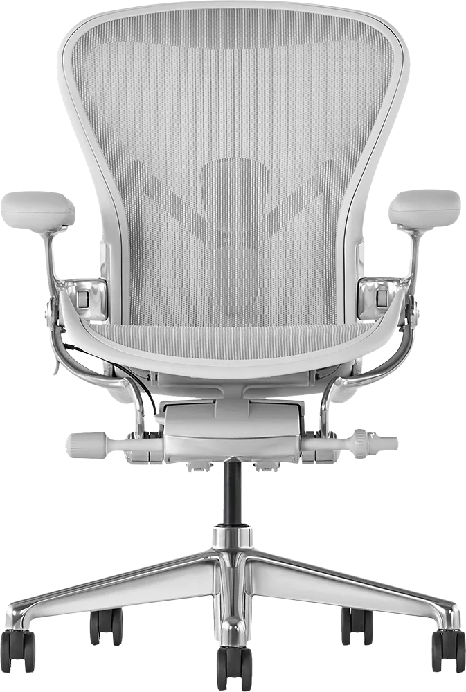 Ervaar comfort en ondersteuning met de ergonomische bureaustoel van Herman Miller, met een rugleuning en zitting van mesh, verstelbare armleuningen en een stevig onderstel met vijf wielen.