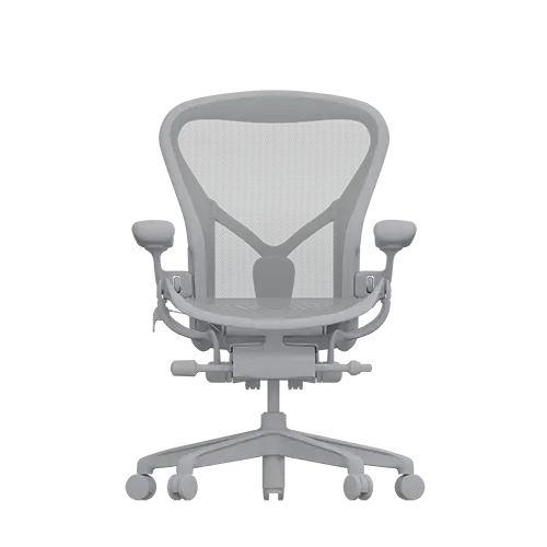 Een moderne ergonomische Herman Miller bureaustoel met een gebogen mesh rugleuning, gevoerde zitting en verstelbare armleuningen. Het beschikt over een draaibare basis met vijf wielen voor mobiliteit. De grijze stoel is gemaakt voor ultiem comfort en ondersteuning.