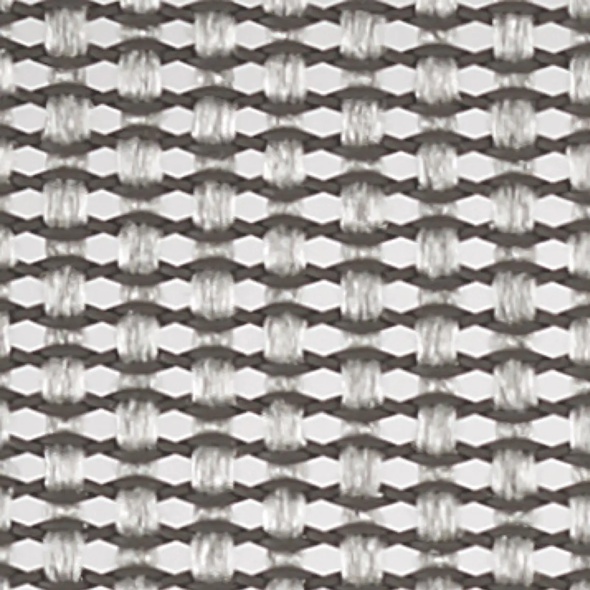 Close-up van een gestructureerd oppervlak met een in elkaar grijpend patroon dat doet denken aan de ontwerpen van Herman Miller, met kleine, ronde, lichtgrijze vormen tegen een donkerdere achtergrond. Het herhalende patroon creëert een geometrisch, driedimensionaal effect.