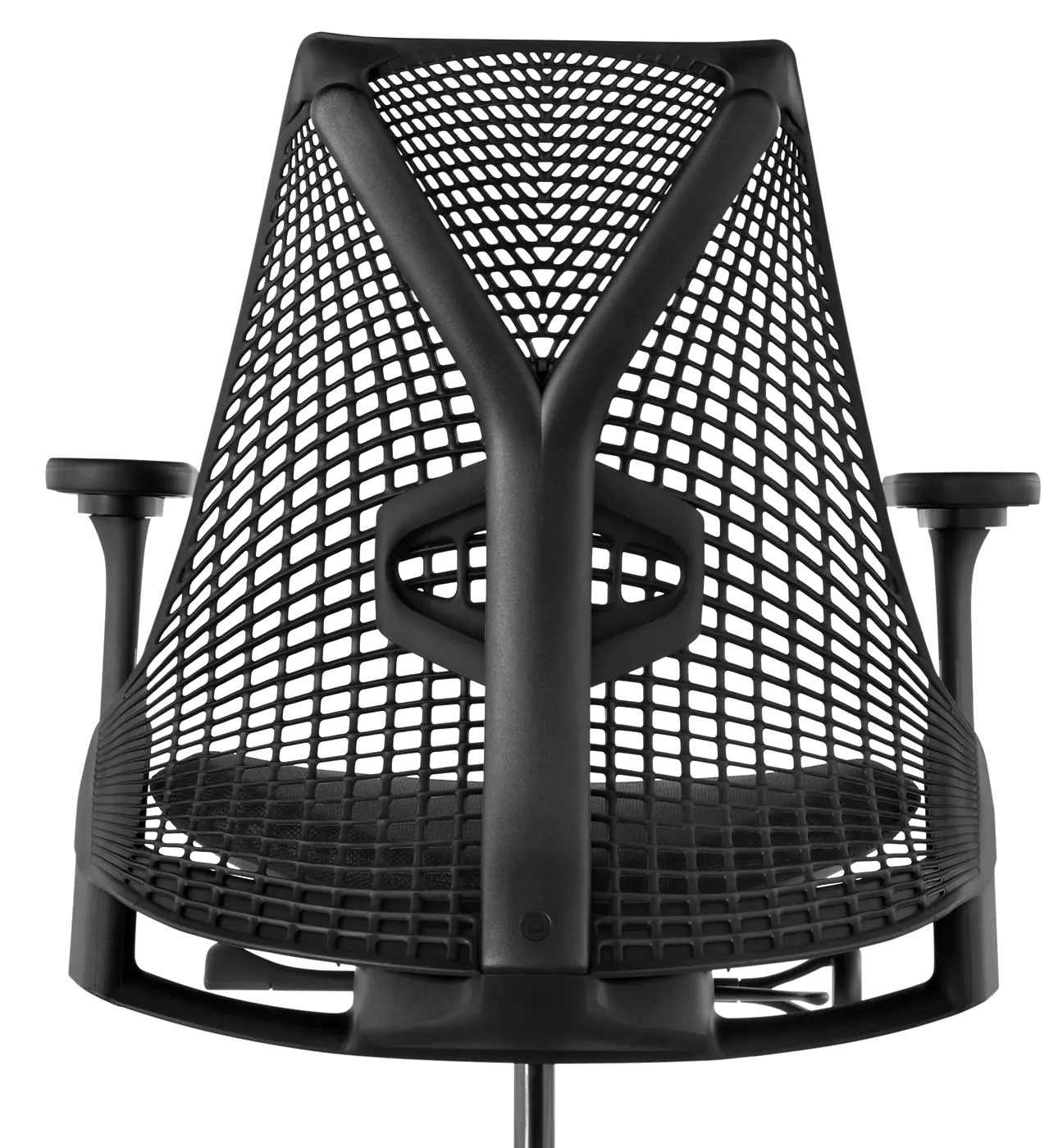 Een moderne zwarte Herman Miller bureaustoel met een unieke driehoekige mesh rugleuning en armleuningen, gezien vanaf de achterkant. De stoel heeft een strak, ergonomisch design met zichtbare textuur en structuur.