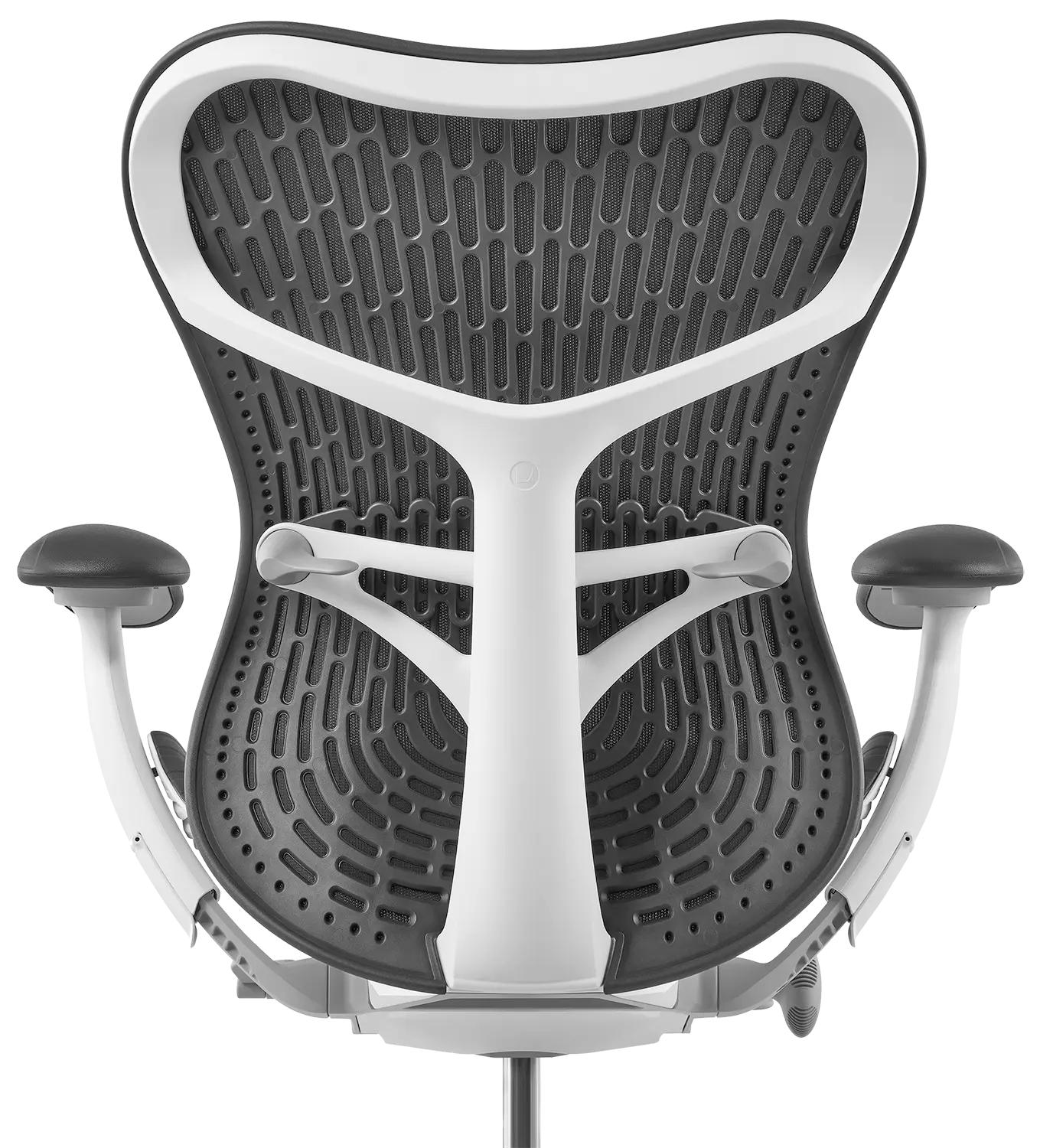 Een moderne bureaustoel met een strak, ergonomisch design dat doet denken aan Herman Miller. De rugleuning heeft een donker, rasterachtig patroon met een contrasterend licht frame en armleuningen. De vorm lijkt op die van een vlinder en benadrukt comfort en ondersteuning.