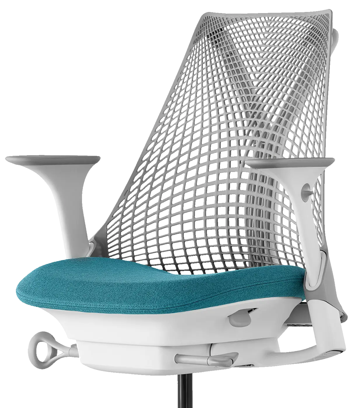 Een moderne bureaustoel in de stijl van een Herman Miller, met een opvallende mesh-rugleuning en een blauwgroene, gewatteerde zitting. Het strakke design van de stoel, aangevuld met witte armleuningen, combineert functionaliteit en stijl moeiteloos.