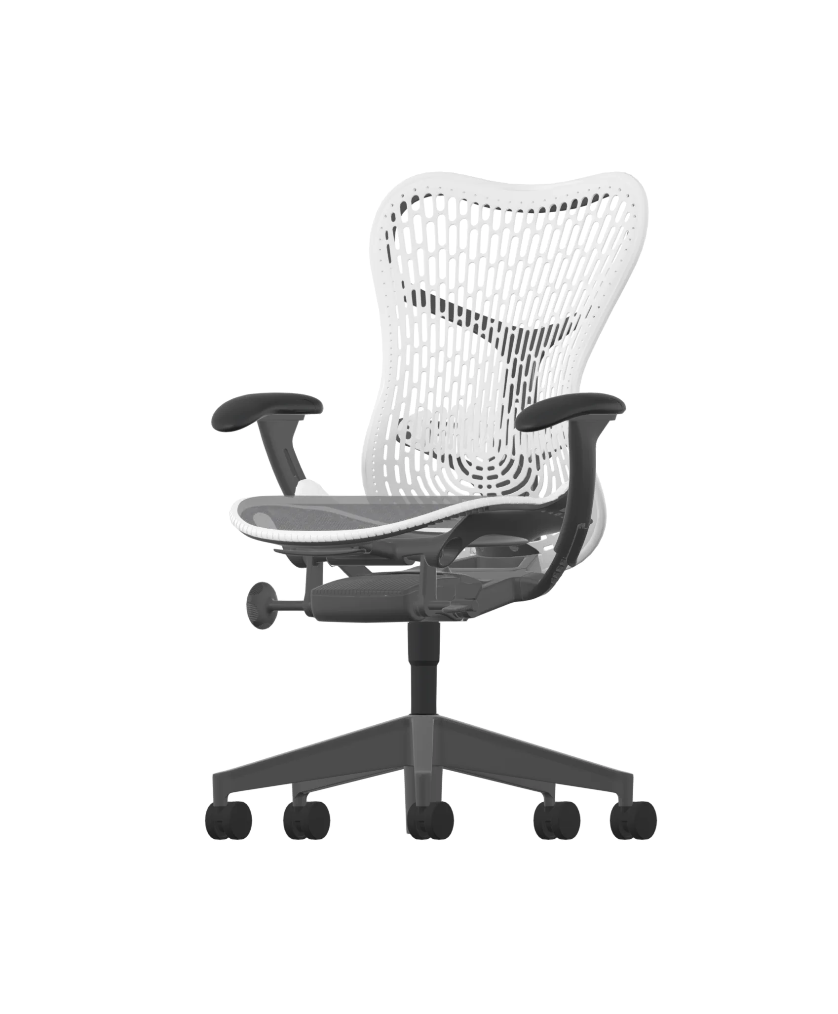 Het Herman Miller Mirra 2 &ndash; Alpine &ndash; TriFlex Rug heeft een mesh rugleuning, zwarte basis, verstelbare armleuningen en wielen voor mobiliteit. Het moderne ontwerp geeft prioriteit aan comfort en functionaliteit, geaccentueerd door een stijlvol Graphite Frame voor een chique uitstraling.
