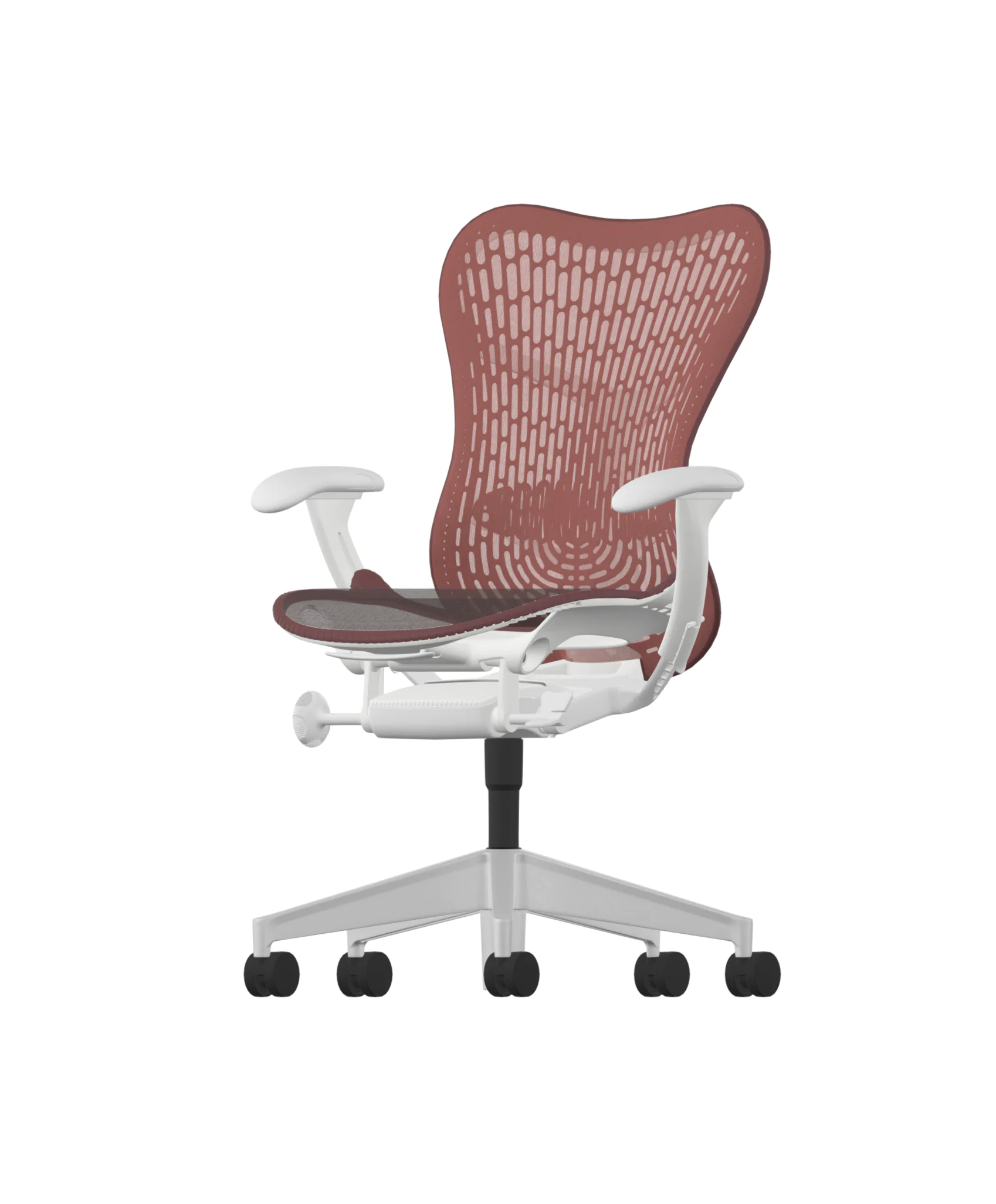 Een ergonomische bureaustoel met een rode mesh rugleuning en zitting, aangevuld met witte armleuningen en een duurzame witte basis met zwarte wielen. Dit ontwerp weerspiegelt de Herman Miller Mirra 2 Butterfly Rug in comfort en verstelbaarheid, wat zorgt voor een ultieme gebruikerservaring.