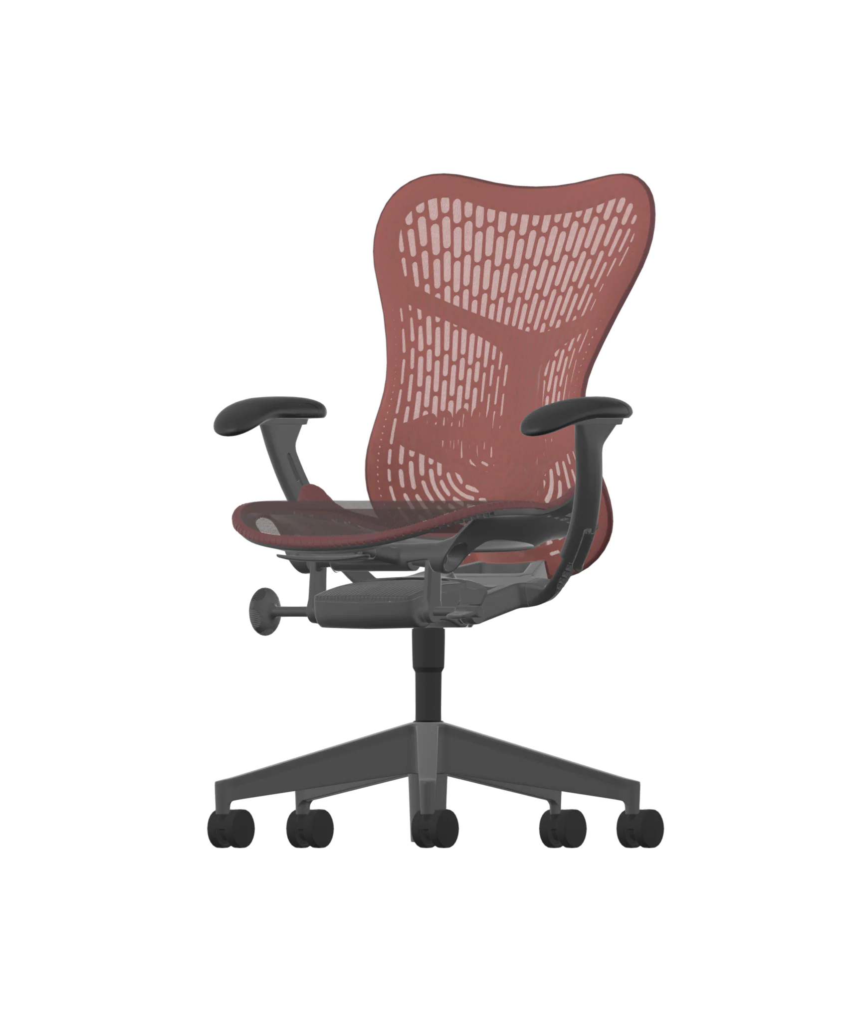The Herman Miller Mirra 2 in Cordovan has a mesh backrest and seat, adjustable armrests, and a sturdy black base with five wheels. The sleek Graphite Frame provides both comfort and style. 