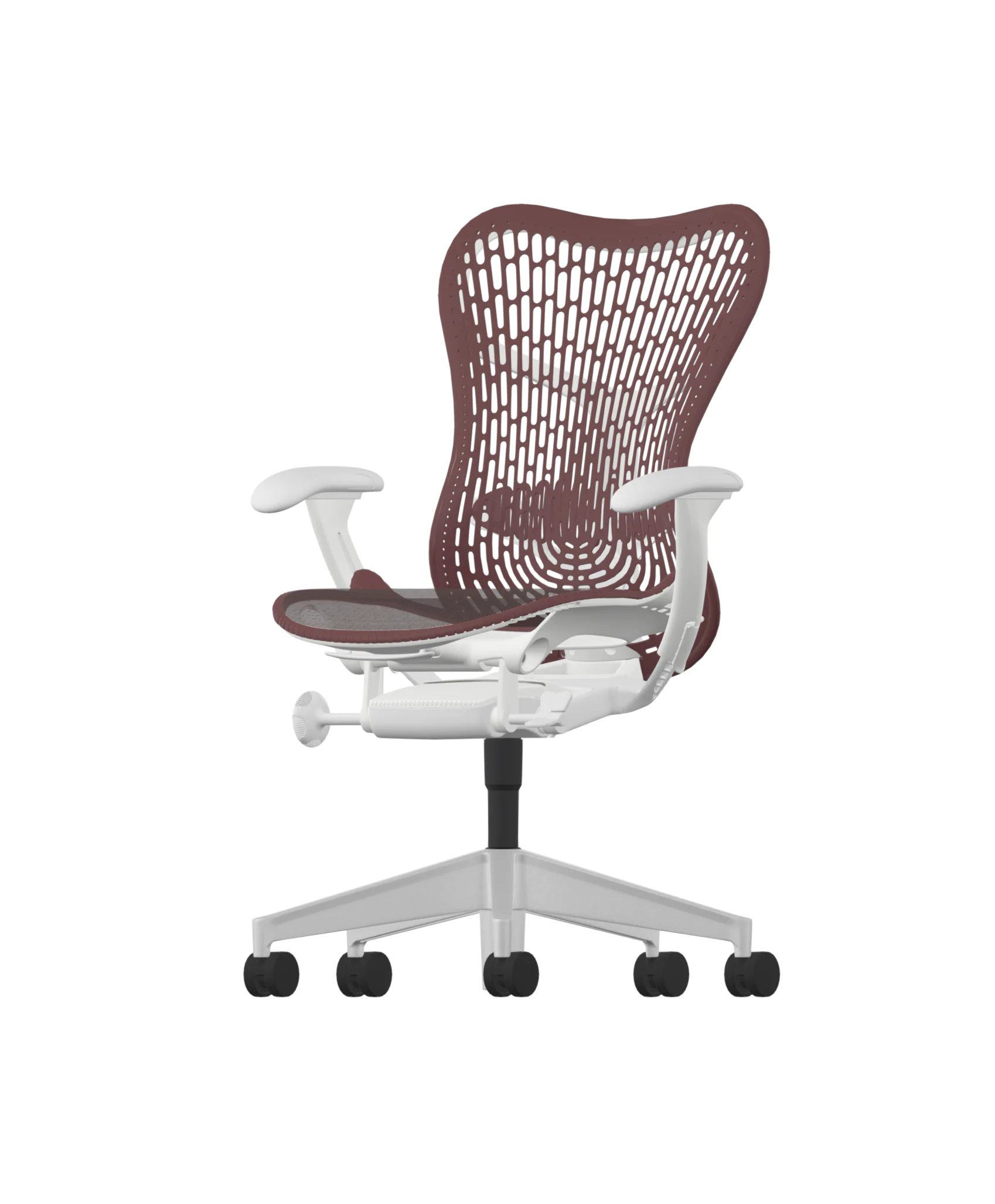 Een moderne ergonomische stoel met een Cordovan TriFlex-rugleuning en Alpine-frame, ge&iuml;nspireerd op het Herman Miller Mirra 2-ontwerp. Het omvat verstelbare armleuningen en een aluminium ge&uuml;pgradede vijfwielbasis, die comfort en een eigentijdse stijl biedt.