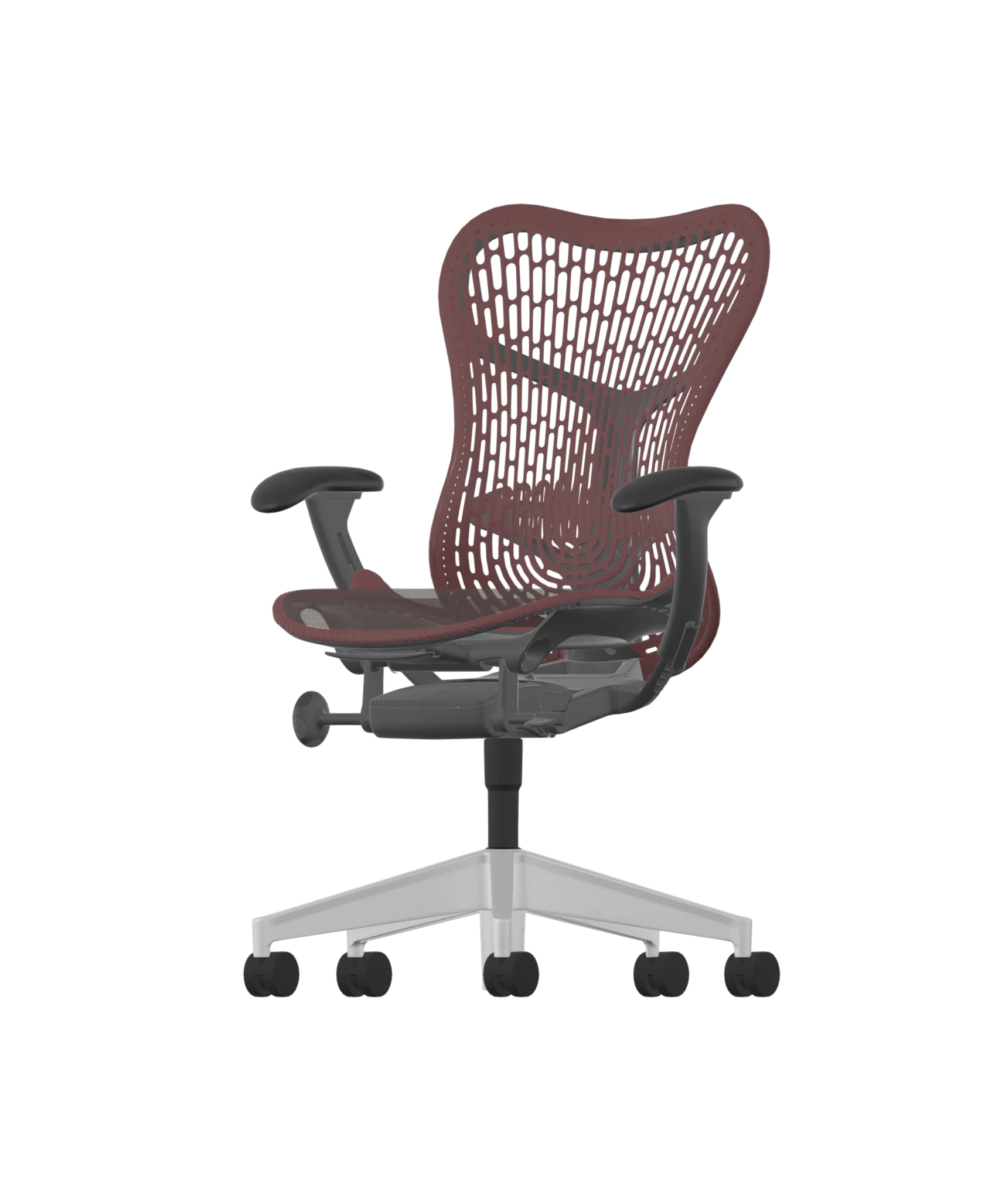 The Herman Miller Mirra 2 Cordovan features a dark reddish-brown backrest and seat, black armrests, and a light gray base with five casters. The chair offers modern ergonomic comfort thanks to its mesh design, comparable to that of other high-end office chairs. 
