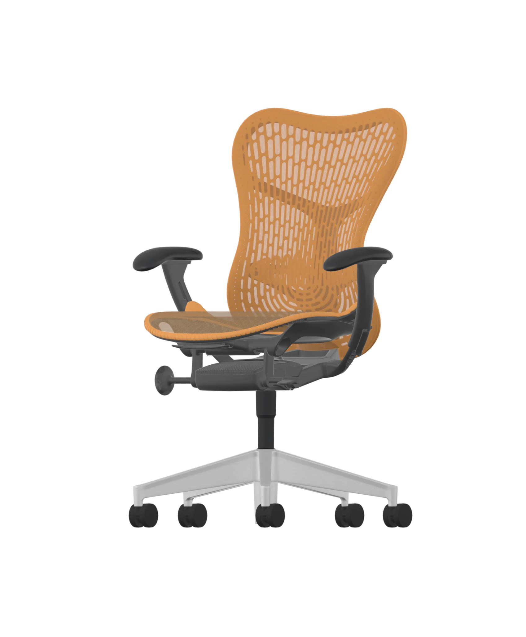 De Herman Miller Mirra 2 in Ochre heeft een geweven oranje rugleuning en zitting, verstelbare armleuningen en een ergonomisch ontwerp. Met een grafiet frame en aluminium basis met vijf wielen is het perfect voor kantooromgevingen.