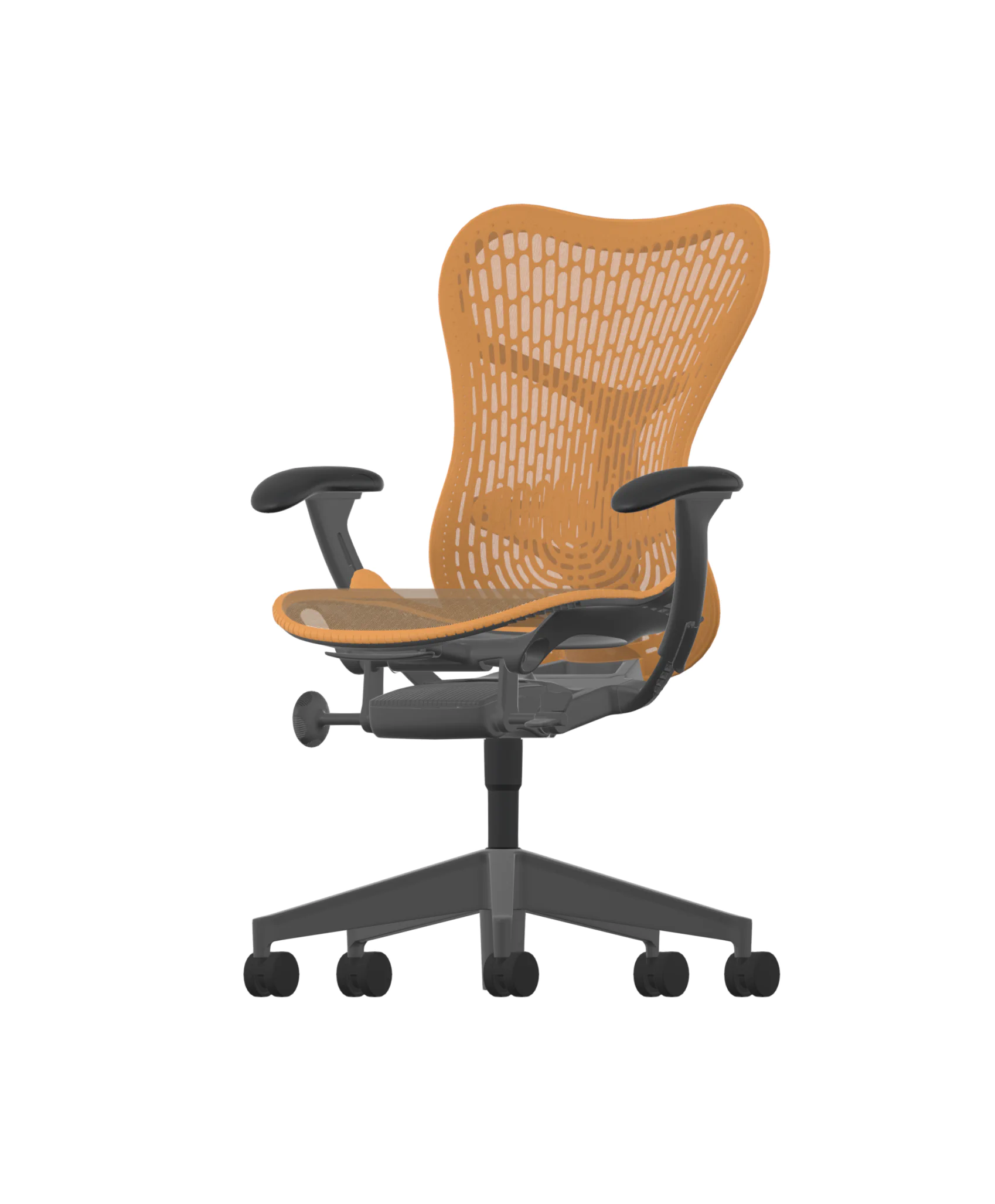 The Herman Miller Mirra 2 chair in Ochre features a striking mesh backrest and seat, black armrests, and a graphite frame. It is mounted on a black base with five wheels, providing mobility and support. 