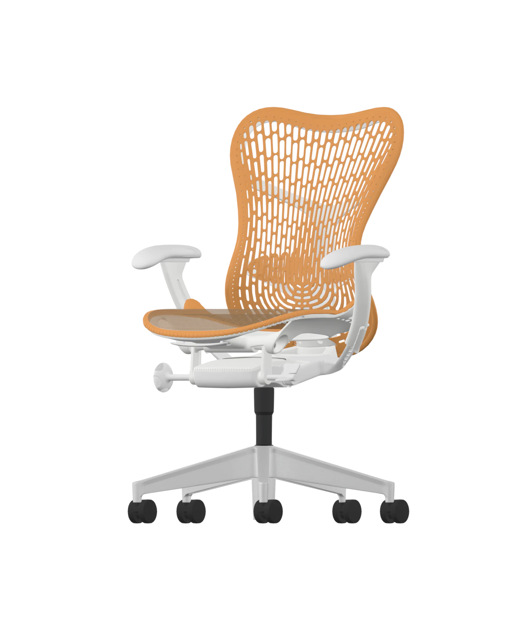 The Herman Miller Mirra 2 in Ochre has a TriFlex Back with an Alpine frame and is equipped with an aluminum upgrade. This modern ergonomic chair features adjustable armrests and a wheel base for mobility, inspired by sleek design principles. 