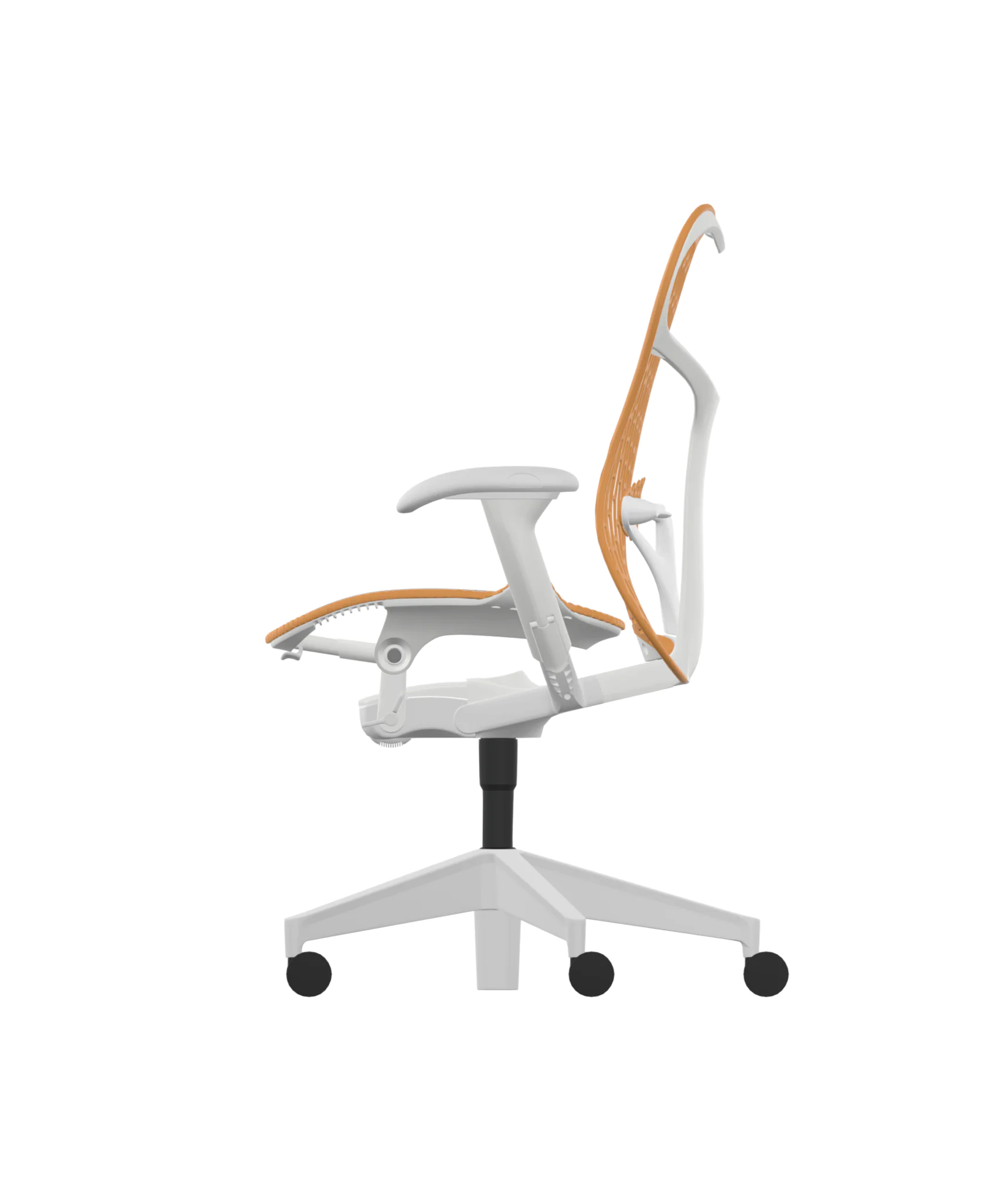 Side view of the ergonomic Herman Miller Mirra 2 chair with an Alpine frame and ochre-colored TriFlex back. It features adjustable armrests, a five-wheel base, and a sleek design. 