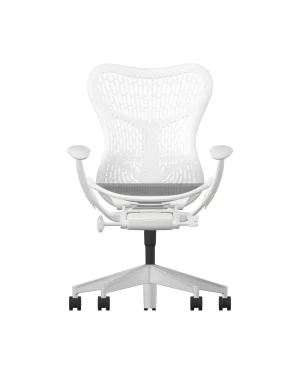 The Herman Miller Mirra 2, with its Alpine Frame and Aluminum Upgrade, is a modern white office chair that offers ergonomic support and style. It features a mesh backrest, adjustable armrests, and a swivel mechanism on a five-wheel base for smooth movement.
