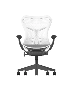 The Herman Miller Mirra 2 features a modern ergonomic design with a white mesh backrest, black adjustable armrests, and a sleek graphite base. Inspired by the style of the Mirra 2, it offers smooth mobility with its five-wheel base.