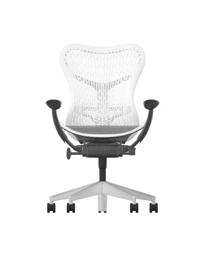 The Herman Miller Mirra 2 in Alpine with a Butterfly Back, Graphite Frame, and Aluminum Upgrade features black armrests, a five-wheel base, and adjustable mechanisms. The contemporary design is ergonomic and stylish.