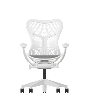 Experience the elegance and comfort of the Herman Miller Mirra 2 ergonomic office chair, featuring a modern white design with a mesh backrest, TriFlex Back seat, adjustable armrests, and an Alpine Frame swivel base with wheels, all beautifully isolated on a white background.