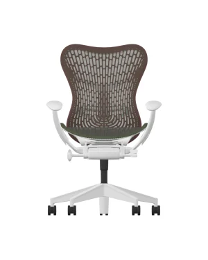 Front view of the Herman Miller Mirra 2 – Color Blocked V1 – Butterfly Back with an Alpine Frame, featuring a perforated backrest, dark green padded seat, white base with five casters, curved armrests, and adjustable features for ultimate comfort.