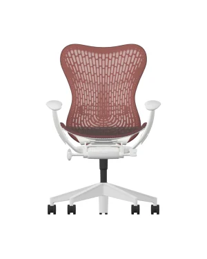 The Herman Miller Mirra 2, in Cordovan with a Butterfly Rug back and Alpine Frame, features a striking red mesh backrest and a sleek white plastic base. The ergonomic design includes adjustable armrests and five wheels for smooth mobility against a plain white background.