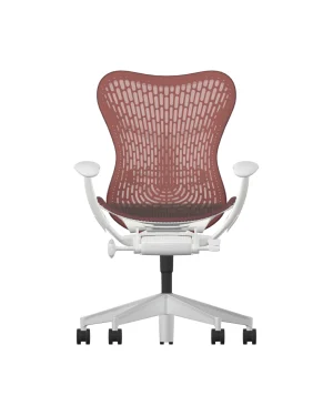 Introducing the Herman Miller Mirra 2 in Cordovan with a Butterfly Rug seat, Alpine frame, and aluminum upgrade. This modern office chair features a rust-colored mesh backrest, white frame, five-wheel base, and adjustable armrests for enhanced ergonomic comfort. 