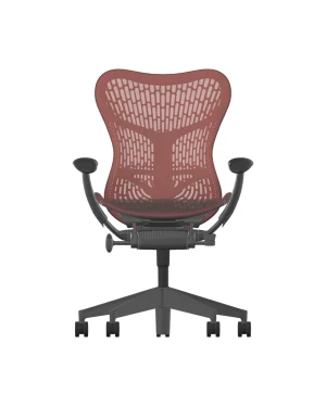 The Herman Miller Mirra 2 in Cordovan features a Butterfly Back mesh backrest, adjustable armrests, and a sturdy base with five wheels. The sleek graphite frame emphasizes modern style and contoured comfort from every angle.