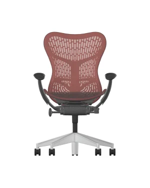 De Herman Miller Mirra 2 bureaustoel heeft een Cordovan Butterfly Rug rugleuning en zitting, zwarte armleuningen, een verstelbare witte basis en vijf zwarte zwenkwielen op een Graphite Frame. Het strakke ergonomische ontwerp past bij hedendaagse ruimtes.