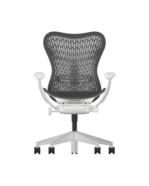 A front view of the streamlined Herman Miller Mirra 2 in graphite color, featuring a black mesh backrest, adjustable graphite-colored armrests, an elegant Alpine frame with an aluminum upgrade, and a five-wheel base for optimal mobility.