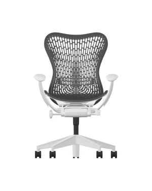 The stylish Herman Miller Mirra 2 – Graphite features a black mesh backrest, an Alpine Frame in white, and five casters. Curved armrests enhance the adjustable seating mechanism, set against a simple white background.