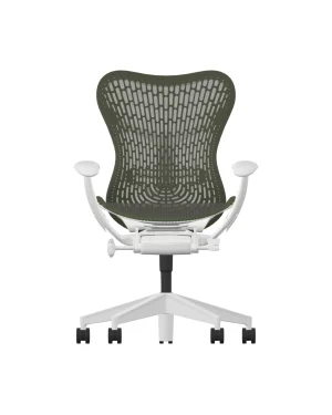This office chair features an olive green mesh backrest, a white frame, armrests, and a wheel base for ergonomic comfort. It's the perfect addition to a chic workplace or pairs seamlessly with the Herman Miller Mirra 2 – Olive – Butterfly Back – Alpine Frame for ultimate refinement.