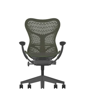 Front view of the Herman Miller Mirra 2 – Olive, with a Butterfly Back green mesh featuring a striking open-weave pattern, graphite frame, adjustable armrests, and a five-wheel base.