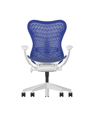 The Herman Miller Mirra 2, in Ultra-Marine with a Butterfly Rug seat and Alpine frame, features adjustable armrests and a white base with five wheels. The sleek design offers excellent ergonomics, support, and mobility. 