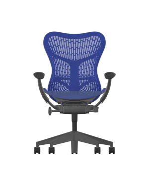 Discover comfort and style with the Herman Miller Mirra 2 – Ultra-Marine, featuring a Butterfly Rug mesh backrest, adjustable armrests, a sleek graphite frame, and a black swivel base with five casters.