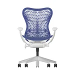 The Herman Miller Mirra 2 in Ultra-Marine and Alpine Frame features a TriFlex Back design with adjustable armrests, an aluminum base with five wheels, and a perforated backrest and seat. It is positioned against a plain white background. 