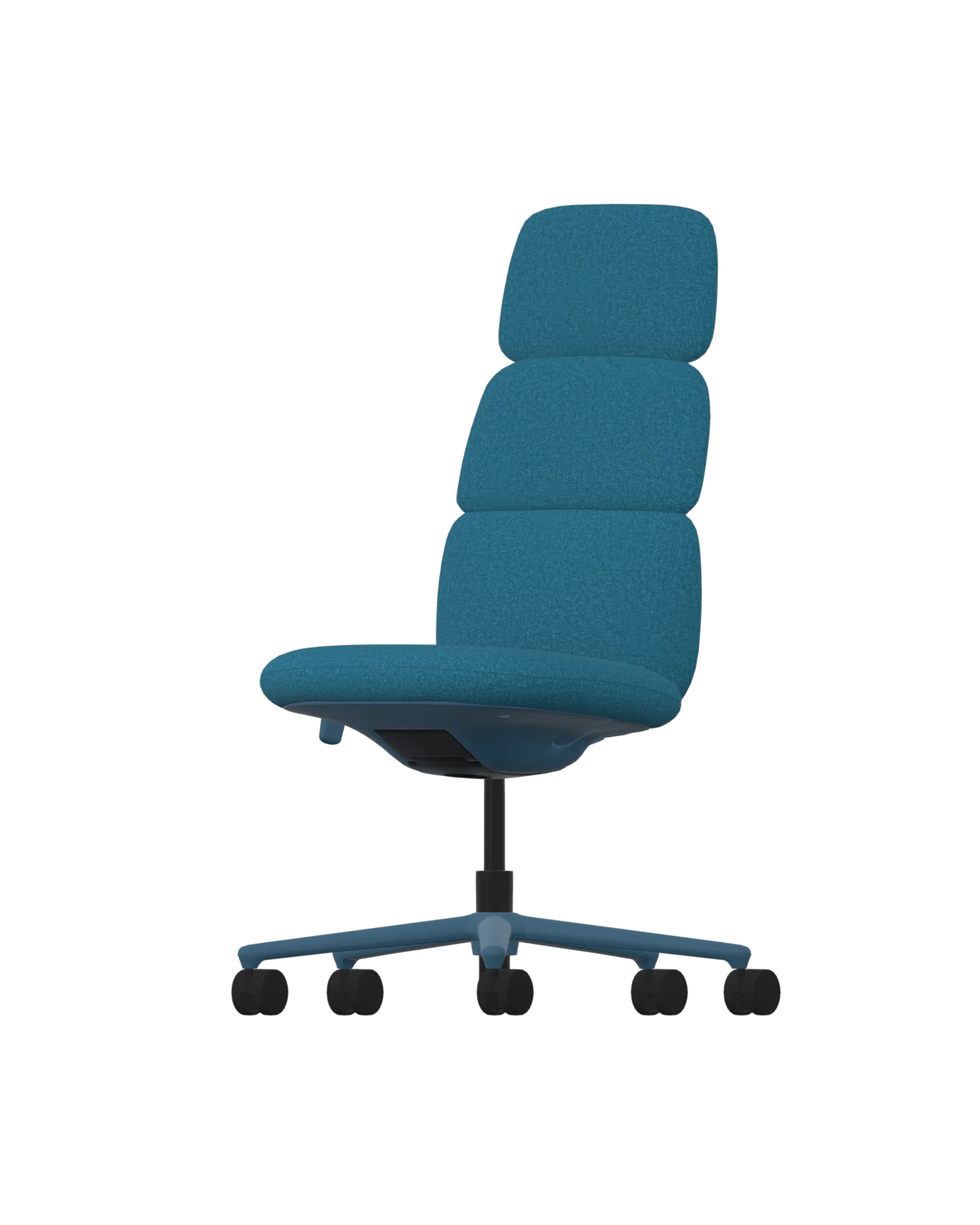 De Herman Miller Asari &ndash; Color Flood &ndash; Luce Submerge stoel heeft een blauwgroene, gevoerde gesegmenteerde rugleuning en zitting, ge&iuml;nspireerd op ergonomisch design. Het bevat een strakke zwarte draaibare basis met vijf wielen voor modern comfort op kantoor.