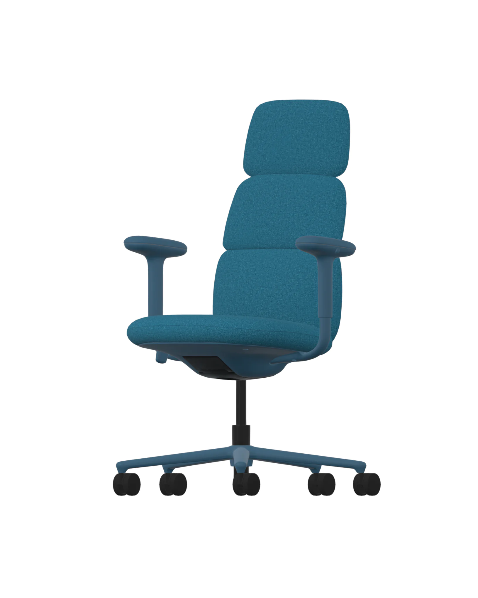 De Herman Miller Asari in Color Flood - Luce Submerge heeft verstelbare armleuningen en een gesegmenteerde hoge rugleuning, gemonteerd op een zwarte draaibare voet met vijf wielen, tegen een effen witte achtergrond.