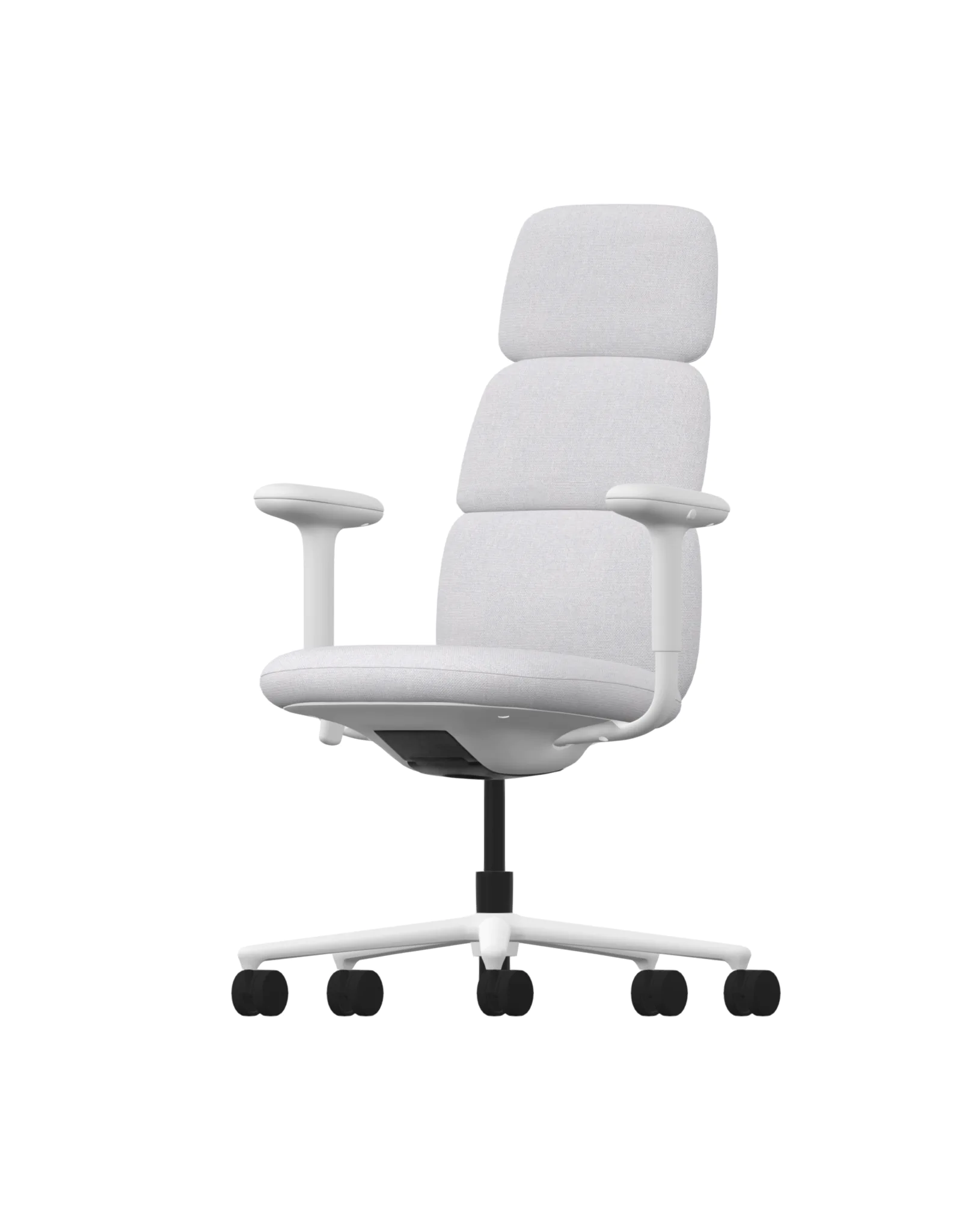 Een Herman Miller Asari &ndash; Color Flood &ndash; Meld Bulb bureaustoel met een gewatteerde rugleuning en zitting, verstelbare armleuningen en een zwart-wit onderstel met vijf wielen wordt getoond tegen een effen witte achtergrond.