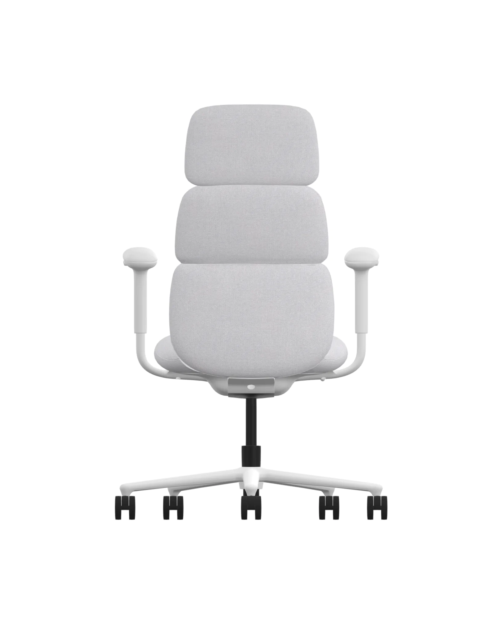 The Herman Miller Asari &ndash; Color Flood &ndash; Meld Bulb features a modern ergonomic design with a light gray, padded backrest in three segments, adjustable armrests, and a base with five casters. The sleek and simple aesthetic stands out against a white background. 
