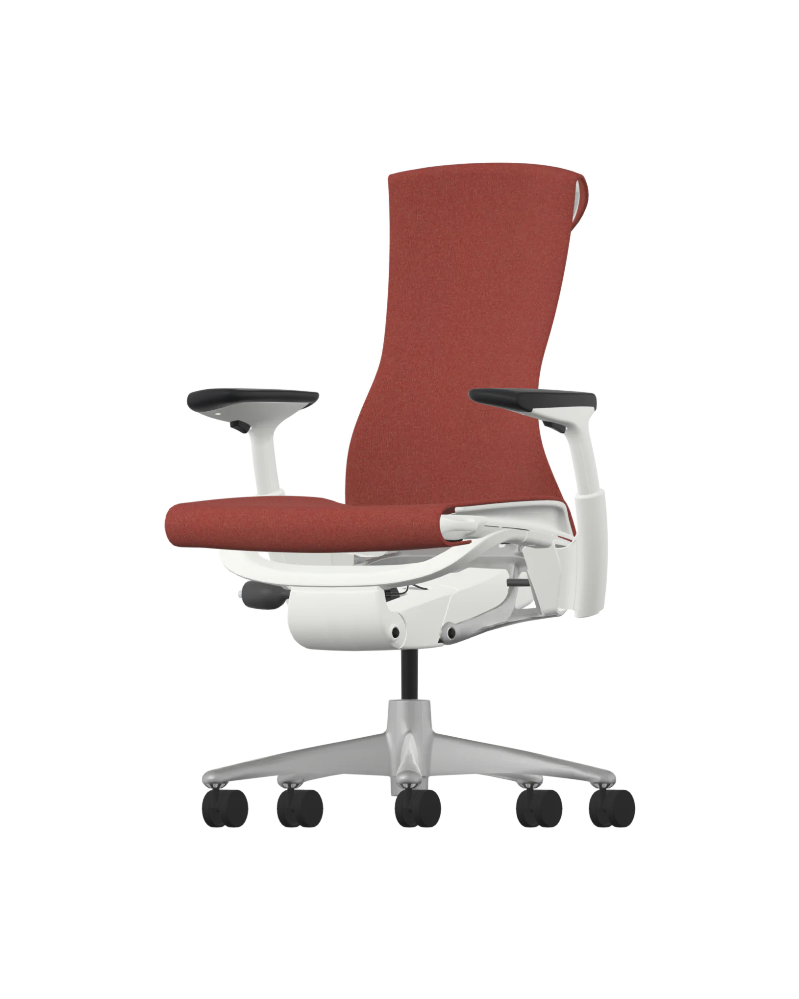 The Herman Miller Embody features a red ergonomic design with adjustable armrests, a high backrest, and a base with five wheels. It offers mobility and comfort with its sleek, modern look complemented by a white frame reminiscent of the Canyon Sync style. 
