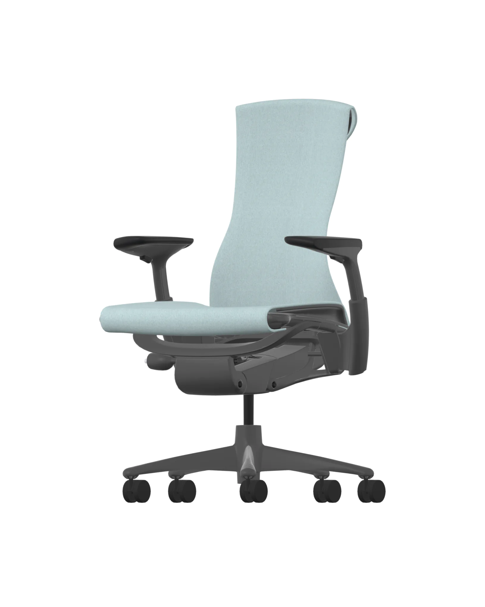 De Herman Miller Embody &ndash; Glacier Sync heeft een lichtblauwe afwerking, zwarte armleuningen en een robuust grafiet frame op wielen. Het heeft een hoge gebogen rugleuning en een gevoerde zitting voor ergonomisch comfort en ondersteuning.