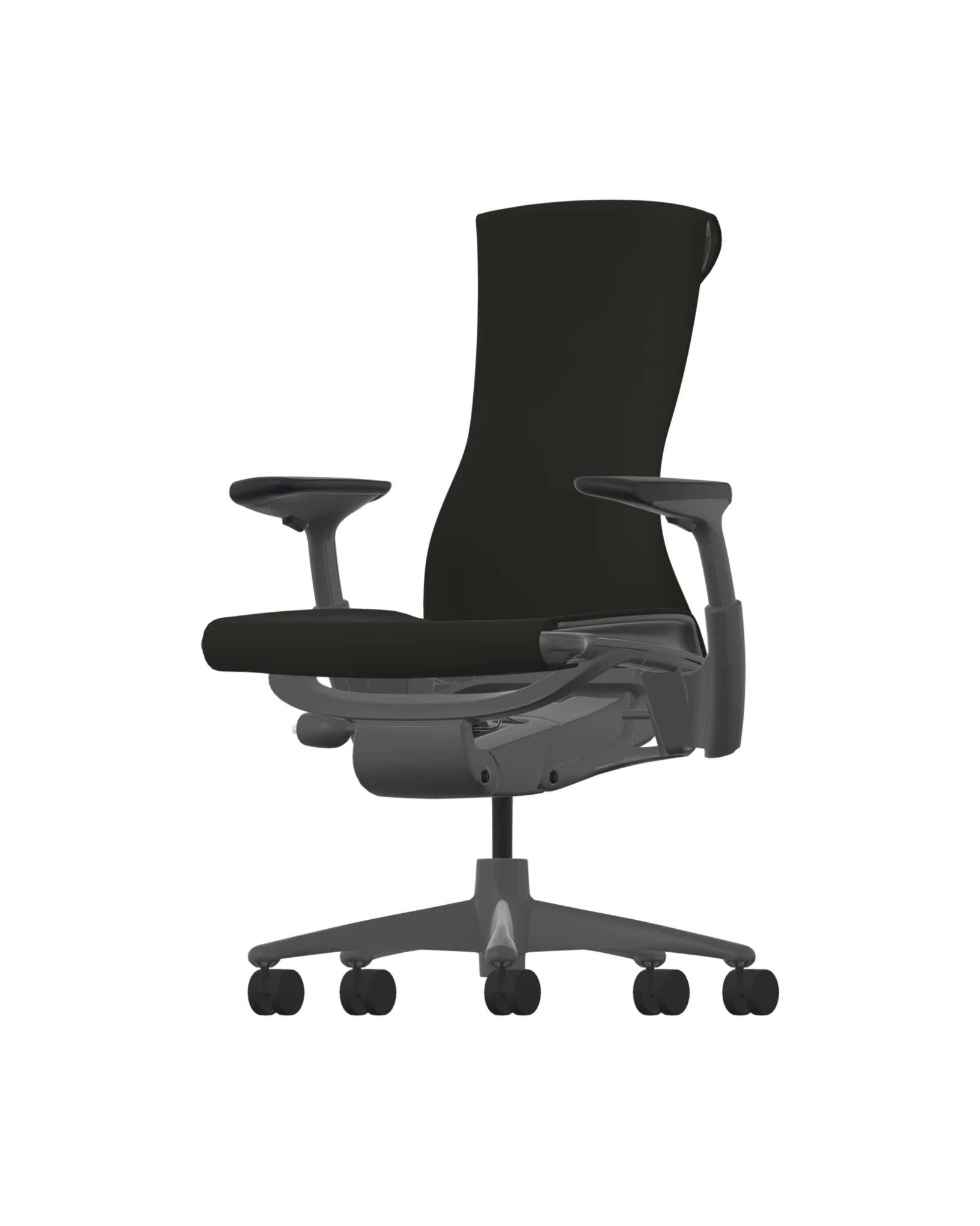 The Herman Miller Embody - Black Rhythm chair has a graphite frame and black fabric, offering an ergonomic design with adjustable armrests and a five-wheel base for stylish support in any workplace.