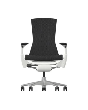 The Herman Miller Embody – Black Balance – White Frame chair combines a chic white frame with a black mesh backrest, adjustable armrests, a padded seat, and a five-wheel base, creating a perfect balance between modern design and ergonomic comfort.