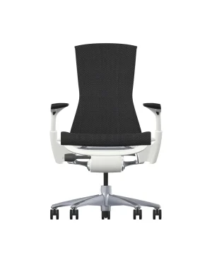 Front view of a modern ergonomic office chair, similar to the Herman Miller Embody, featuring a Black Balance mesh backrest, a white frame and white armrests, and an upgraded, sleek aluminium base for smooth mobility.