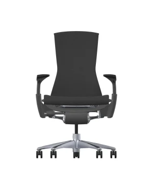 Front view of a Herman Miller Embody chair with black Sync upholstery, a graphite frame, an upgraded silver-colored aluminum base with five wheels, armrests, and a high backrest for ergonomic support and comfort.