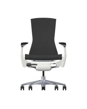 De Herman Miller Embody heeft een strak ergonomisch ontwerp met een zwarte rugleuning en zitting, wit frame en chromen onderstel met vijf wielen. De moderne stijl wordt versterkt door de Black Sync-functie voor naadloze integratie.
