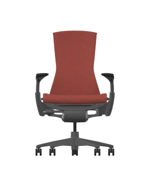The ergonomic office chair, similar to the Herman Miller Embody – Canyon Sync – Graphite Frame, features a red, high backrest, adjustable armrests, and a black swivel base with five wheels. Elegantly presented against a white background from the front. 