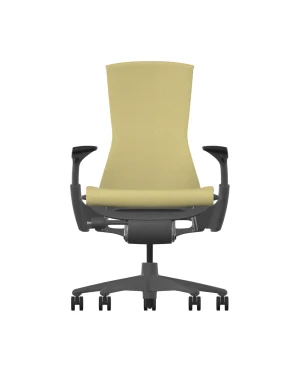 Vooraanzicht van de Herman Miller Embody – Citron Sync met een lichtgroene stoffen rugleuning en zitting, zwarte verstelbare armleuningen, een grafiet draaibare basis en vijf zwenkwielen voor soepele beweging.