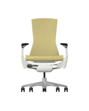 The Herman Miller Embody Citron Sync office chair features a modern ergonomic design with a light green fabric seat and backrest, white armrests, and a white frame with five casters for comfort and support in your workplace.